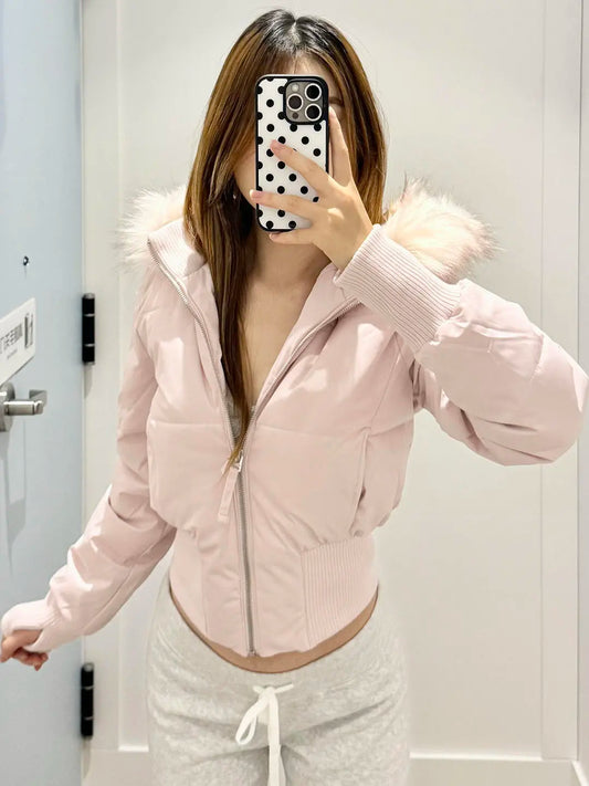 Pink Fur Collar Detachable Hooded Cotton Jacket for Women Winter Slim Fit Versatile Sweet American Warm Cotton Coat Y2K Tops New