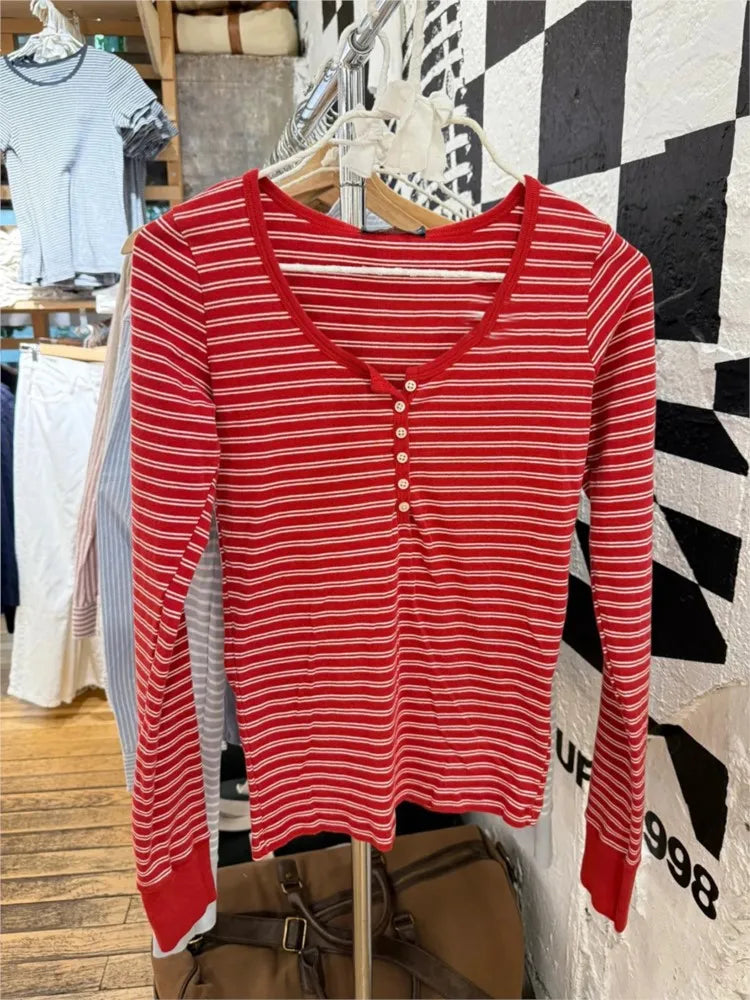 Autumn Red Striped Patchwork Long Sleeve Tees Women Casual Chic Cotton Buttons T-shirt Sweet Preppy Style Slim Tshirt Y2K Tops