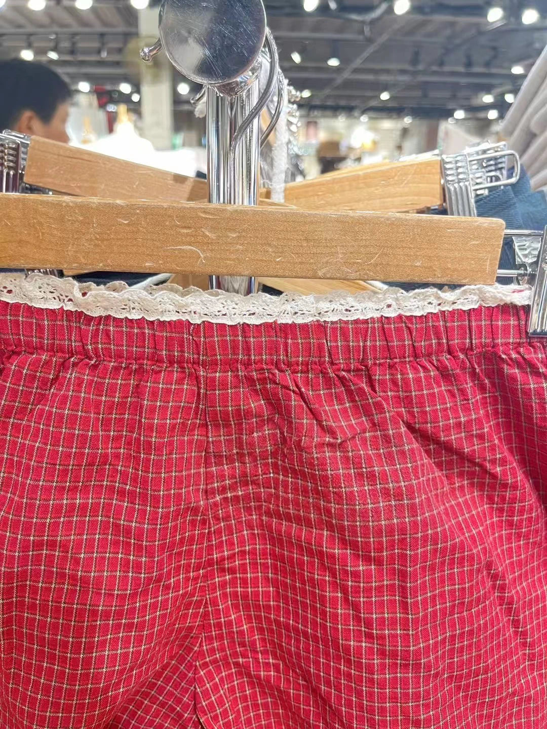 Red Plaid Lace Trim Tank Shorts Sets Women Back Lace-up Slim Camisole+Loose Sweatshorts Cute Sweet Cotton Home 2 Piece Outfits