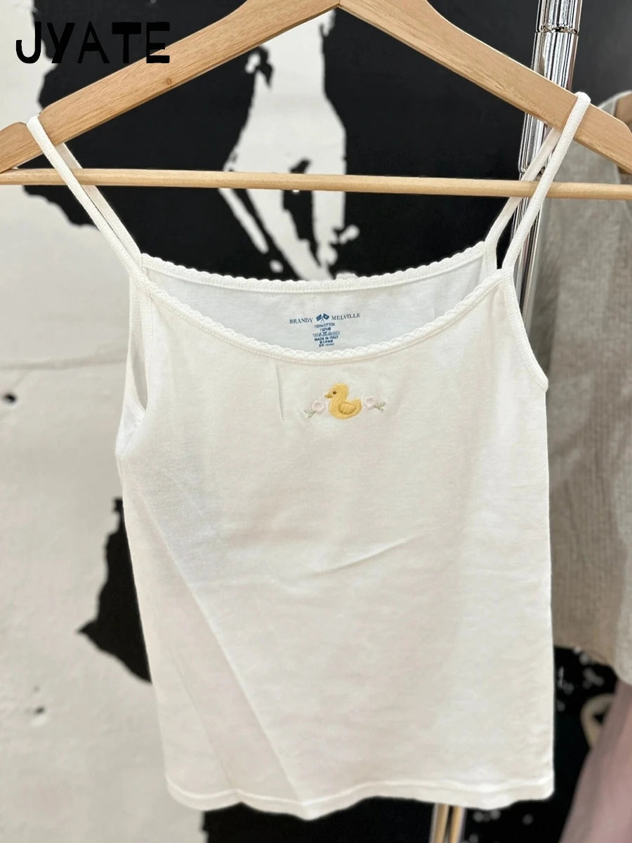 Heart Embroidery Tank Top for Women Summer Gray Cotton Lace Trim Sleeveless Camisole Cute Sweet Preppy Style Tops Y2K Tshirt