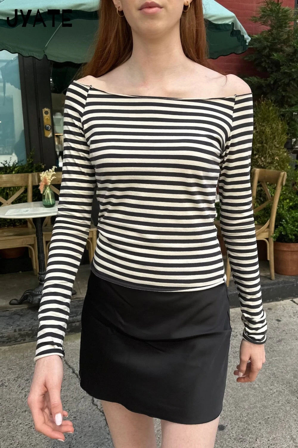 Blue Striped Slash Neck Long Sleeve Tees Women New Cotton Soft Casual Slim Raw Hem Tops Clothes Vintage Sweet Chic T-shirts Y2K