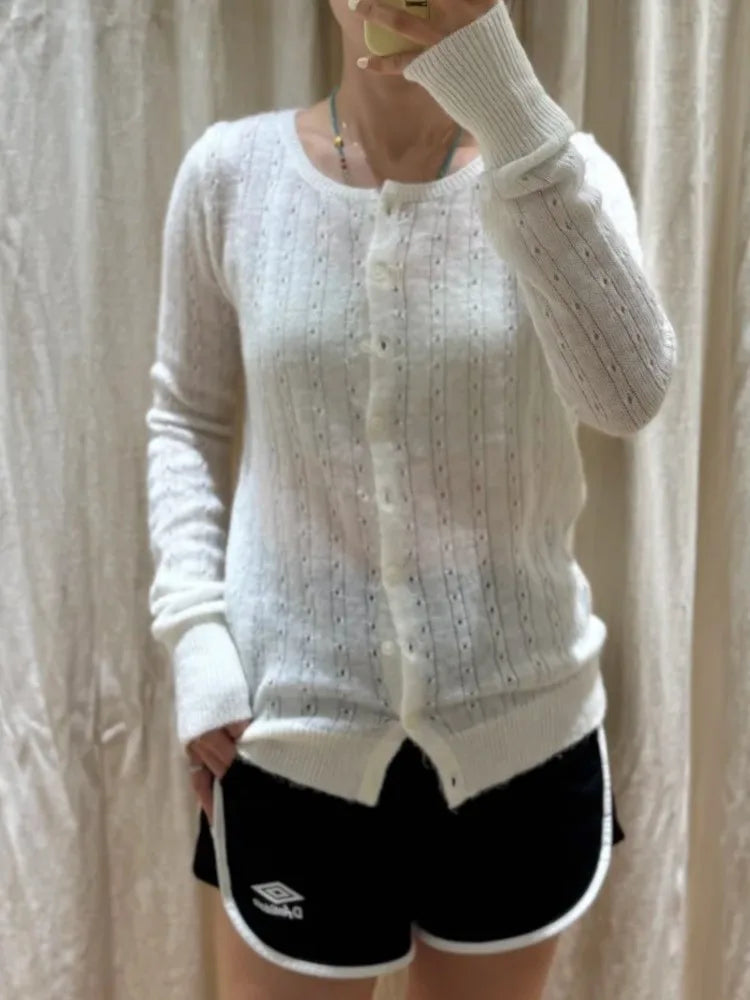 Hollw Out Mohair Long Sleeve T-Shirt Cardigan Women Autumn V-Neck Cotton Thin Smock Button Top Vintage Sweet Cute Tee Shirt Y2K