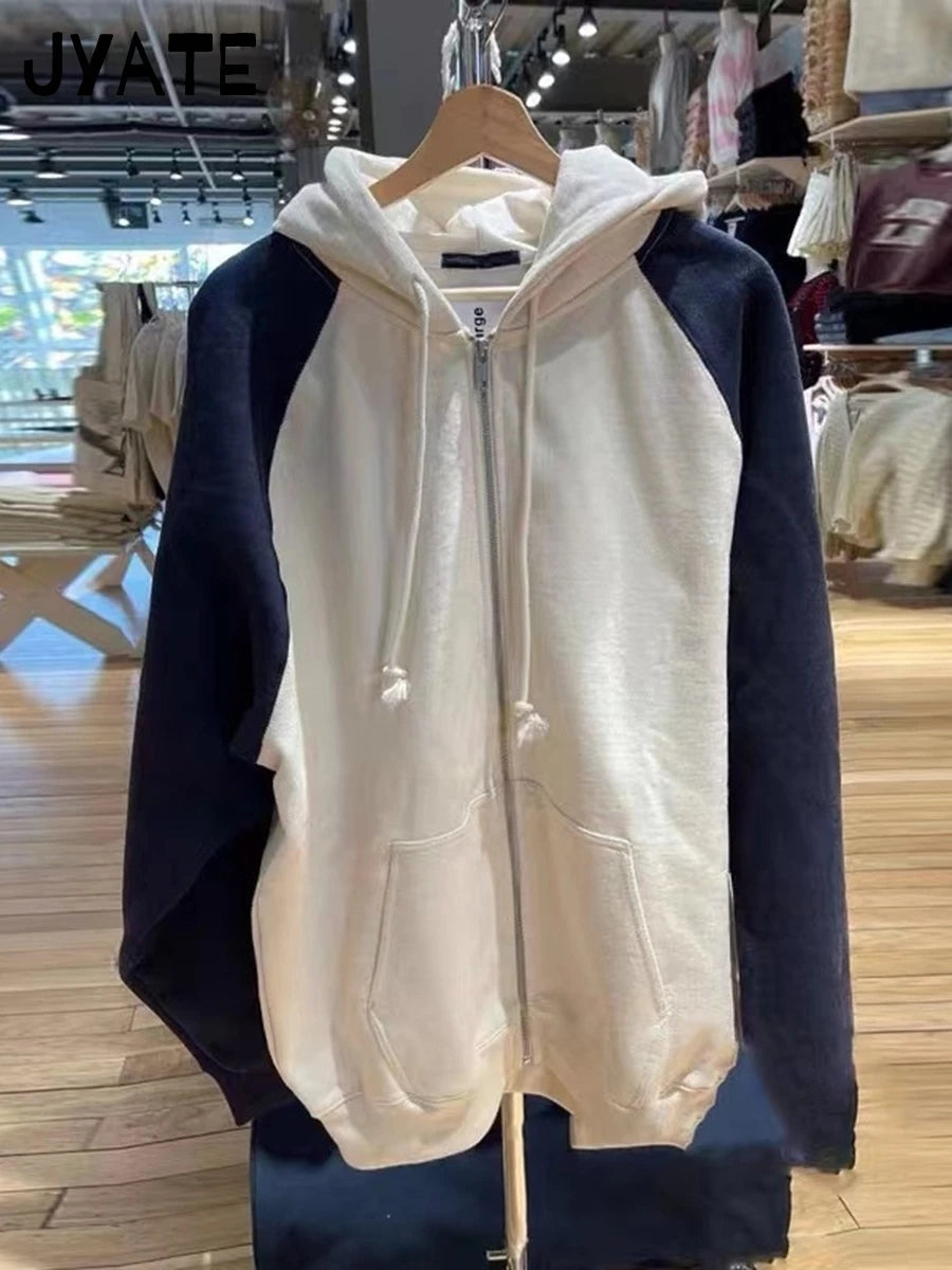 Simple Blue Cotton Oversized Hoodies Coat Women Autumn Casual Pocket Drawstring Zip-up Pullover Sweet Chic Vintage Sweatshirts