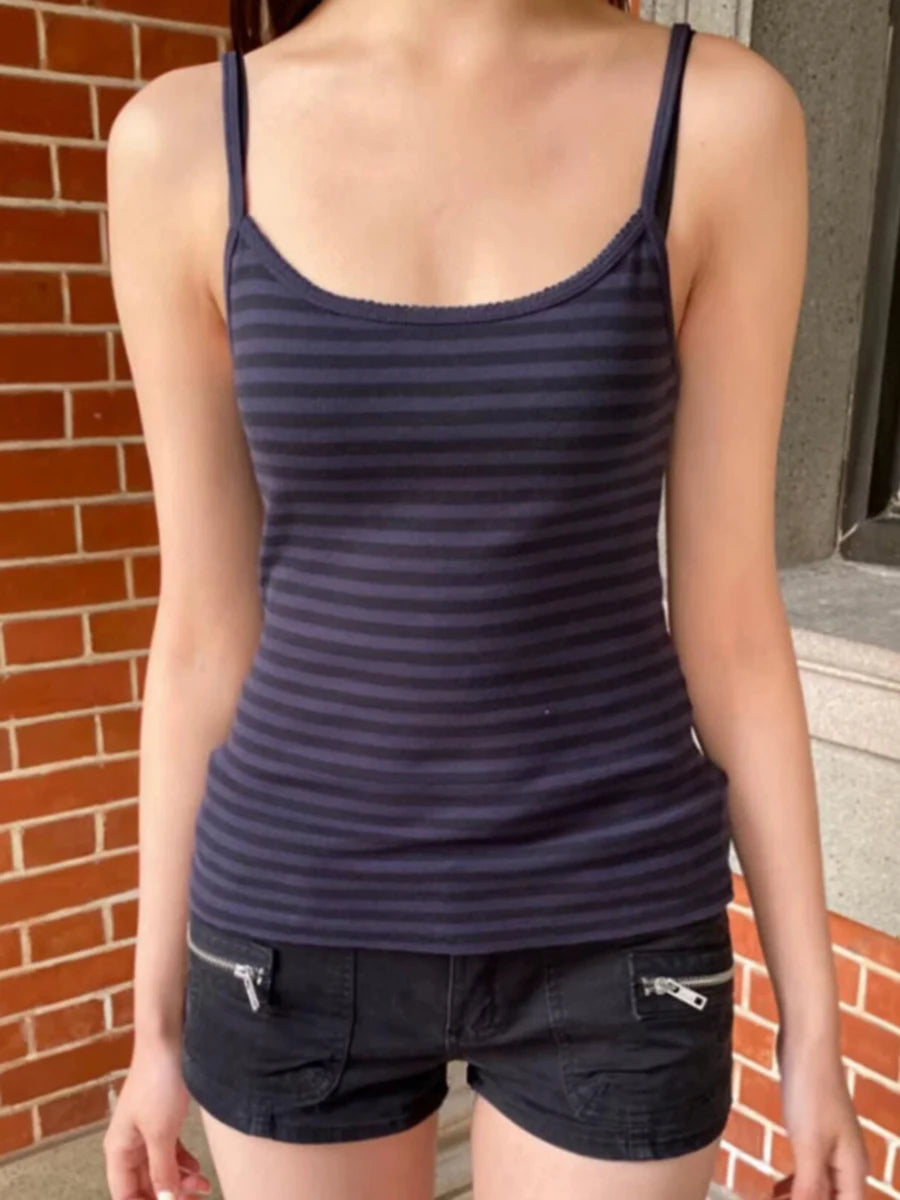 Navy Striped Cotton Slim Camisole Women Casual Streetwear Lace Trim Sleeveless Tank Tops Female Vintage Sweet Cute Camis Y2K