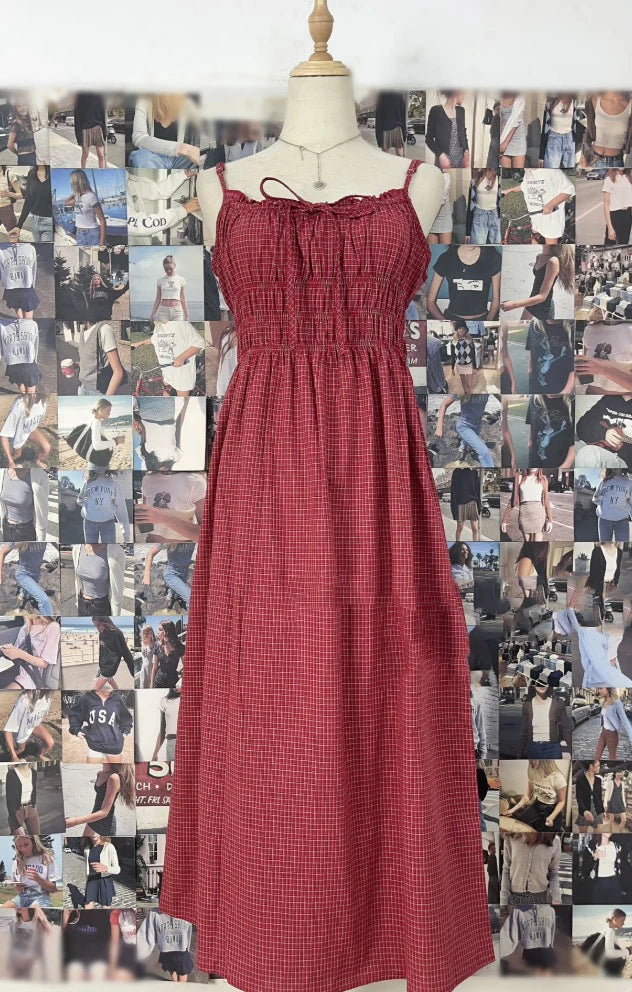 Retro Red Plaid Ruffles Camisole Dress Women High Waist Backless Lace-up Sleeveless Long Dresses Vintage Cute Sweet Y2K Vestidos