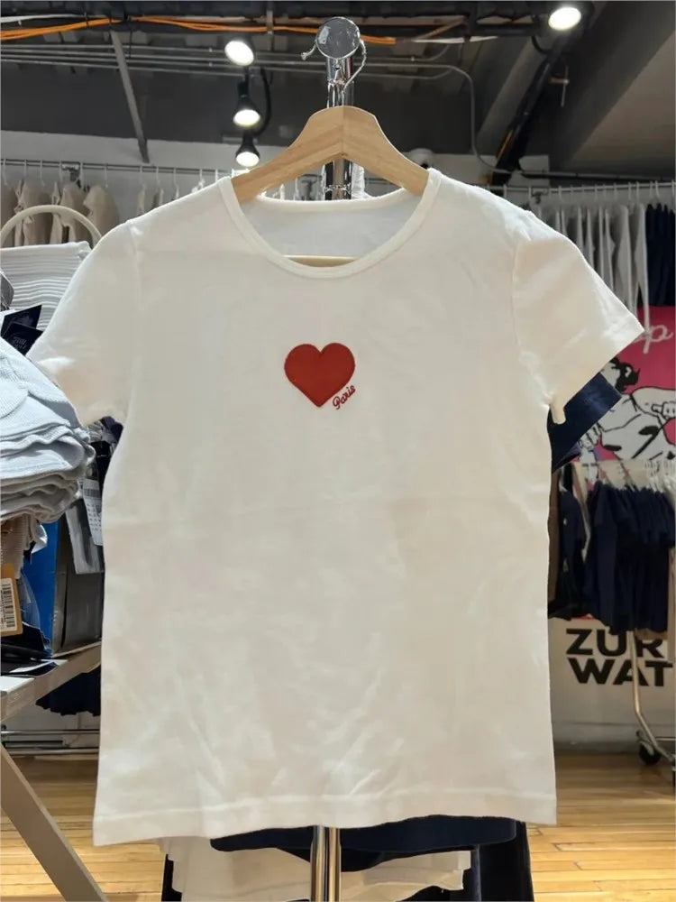 Red Heart Embroidery T-shirts Women Summer Cotton O-neck Casual Preppy Style Short Sleeve Tees Vintage Cute Sweet  Tops Y2K