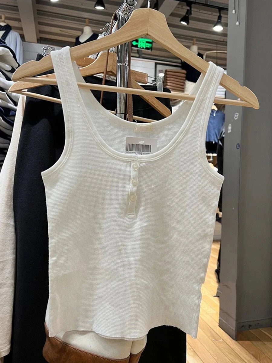 Fashion Solid Buttons Waffle Tank Tops Women Summer New Casual Cotton Raw Hem Slim Vests Female Y2K Streetwear Vintage Camisole