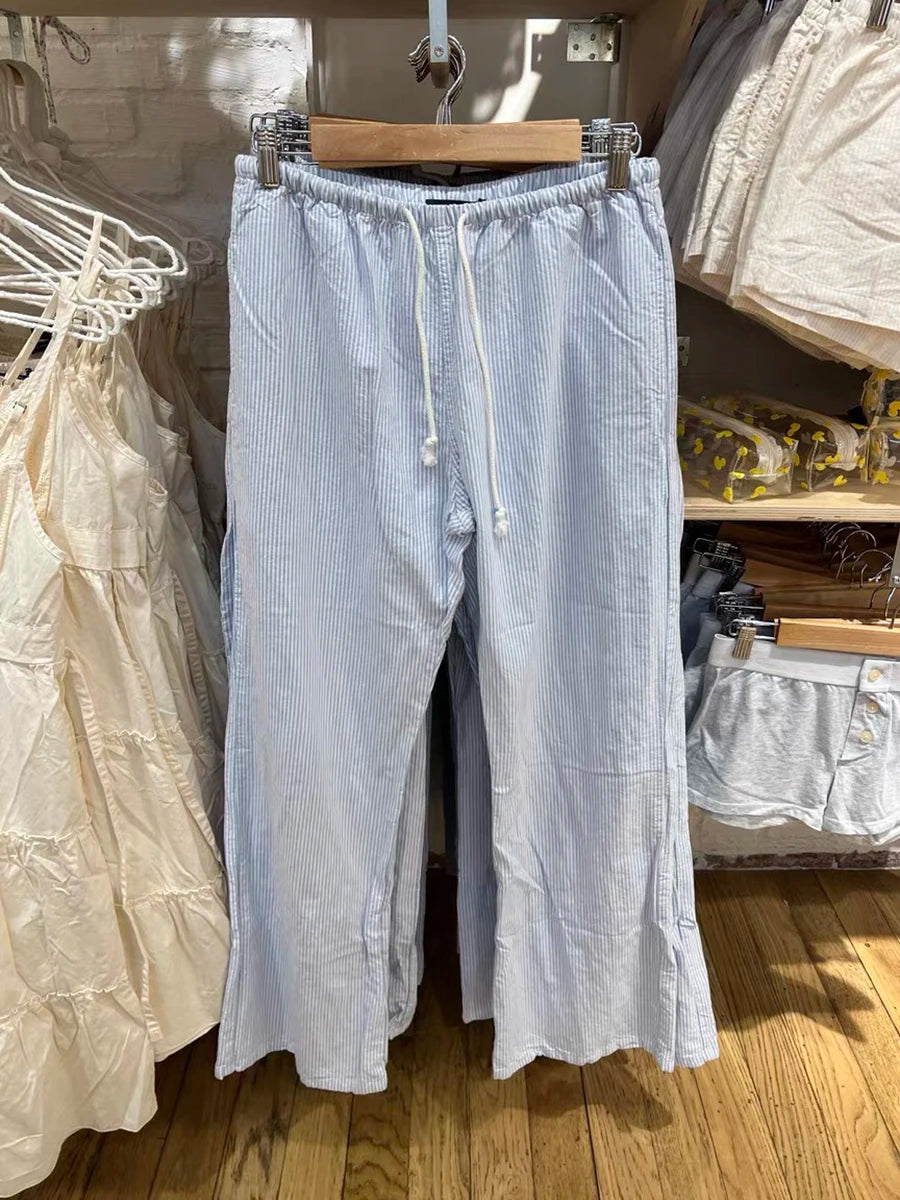 New Pink Striped Drawstring Long Pants Women Cotton Casual High Waist Simple Wide Leg Pant Vintage Loose Streetwear Chic Trouser