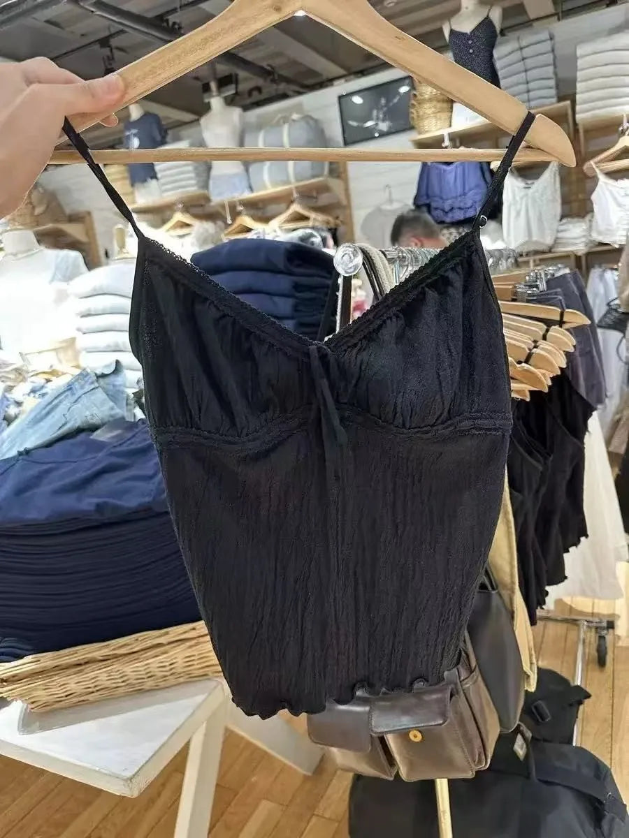 Black Folds V-neck Tank Tops Women Summer New Harajuku Sexy Casual Slim Lace-up Sleeveless Vests Sweet Preppy Style Camis Y2K