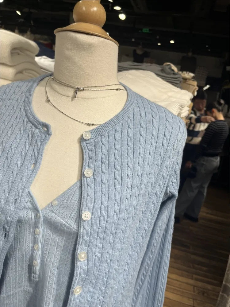 Light Blue Twsited Knitted Cardigan Women Spring Casual Simple Buttons Jumper Chic Preppy Style Sweet Sweaters Y2K
