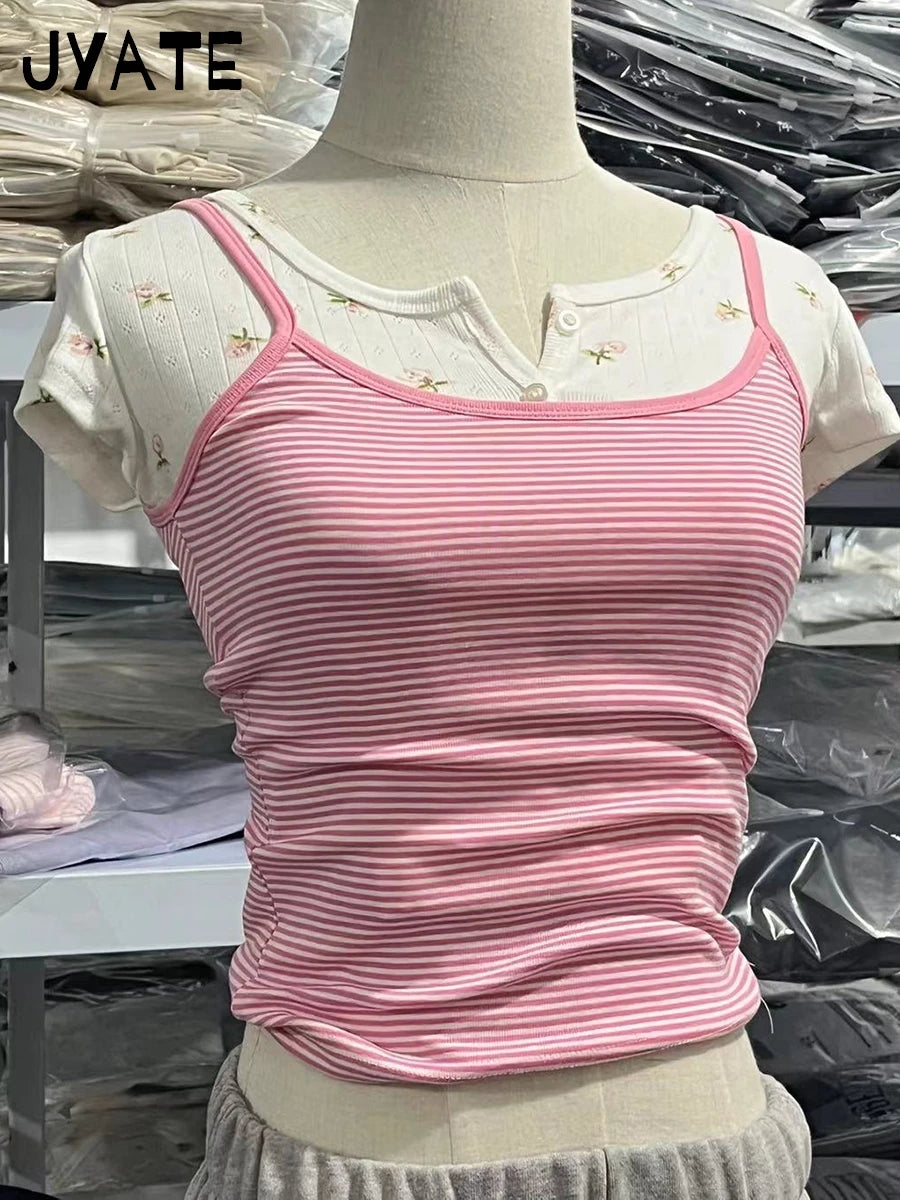 Blue Striped Eyelet Tank Tops Women Summer Y2K Cotton Soft Bow Lace Trim Sleeveless Vests Sweet Cute Preppy Style Camisole New