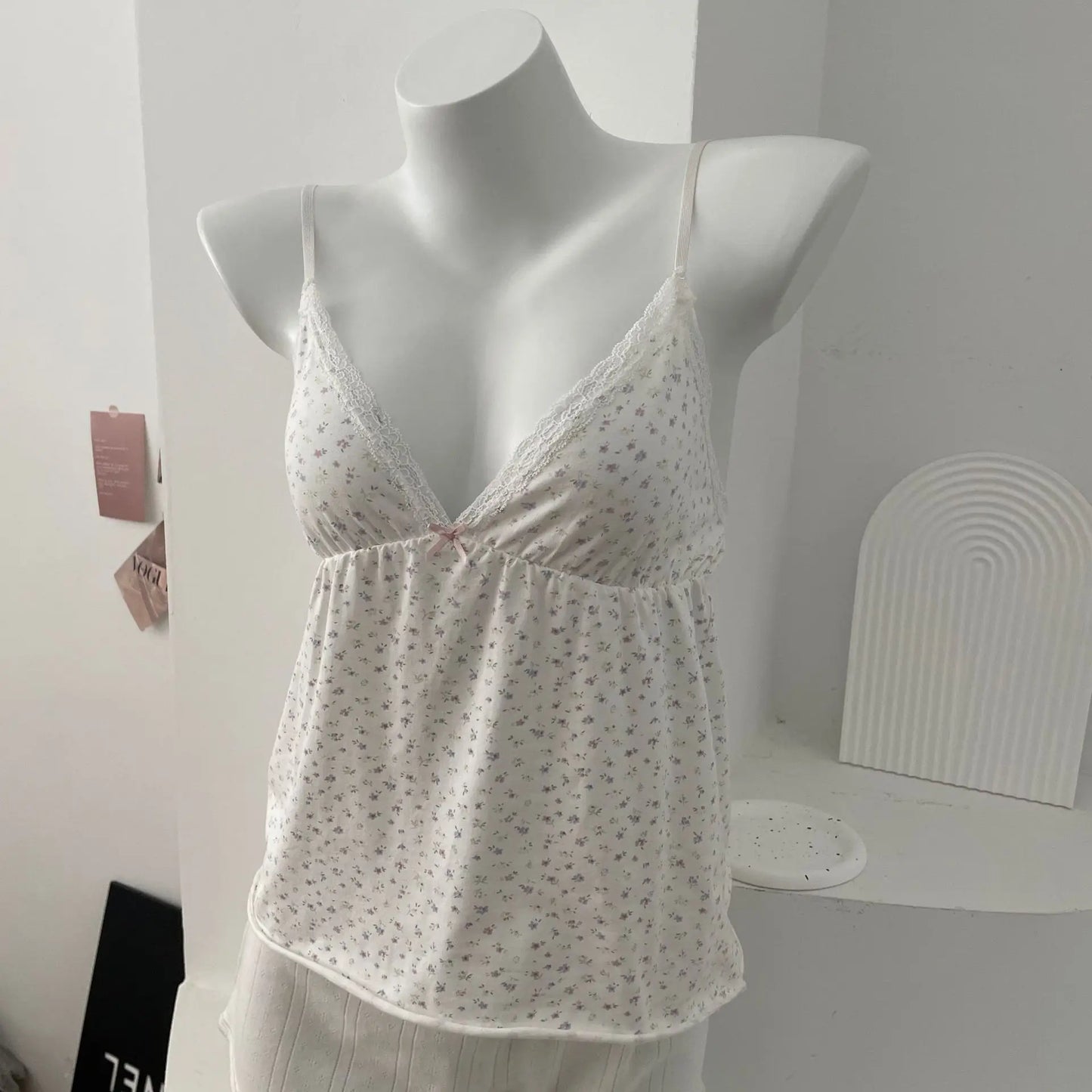 Floral Print V-neck Tank Tops Women Summer New Lace Trim Bow Casual Pajama Sleeveless Vests Sweet Cute Preppy Style Camisole Y2K