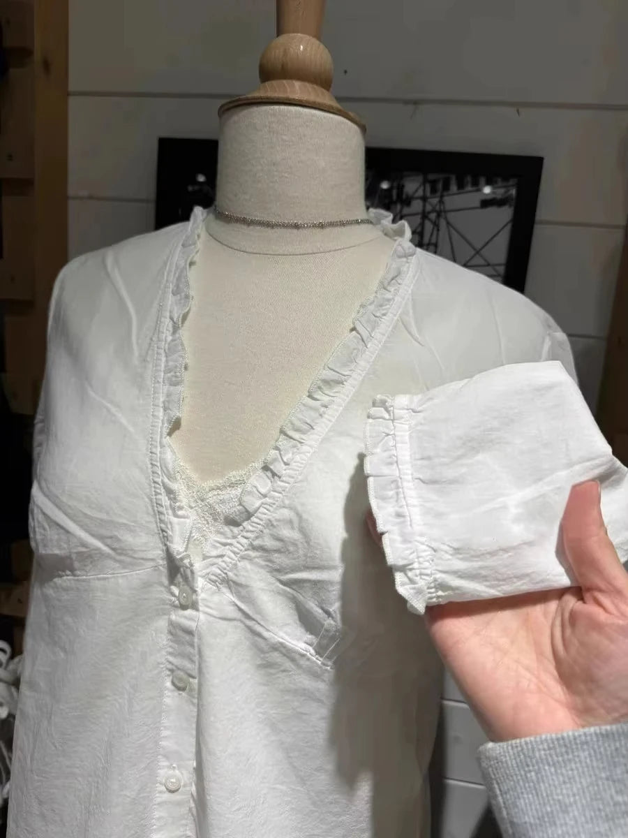White Ruffles  Single Breasted T-Shirt Blouse Women Summer V-neck Haft Sleeve Tee Shirts Simple Sweet All-match Thin Tshirts New