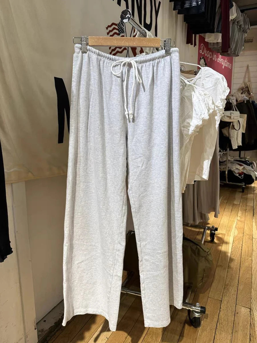 Red Drawstring Straight Sweatpants Women Autumn High Waist Cotton Wide Leg Pants Vintage Streetwear Casual Sports Trousers New