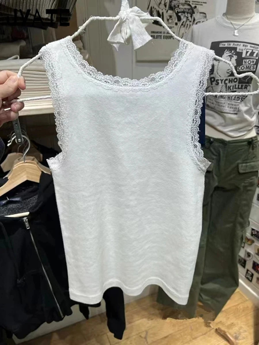 Cute Cartoon Print Lace Trim Vests Women Summer White Cotton Soft O-neck Tank Tops Female Sweet Casual Vintage Chic Y2K Crop Top