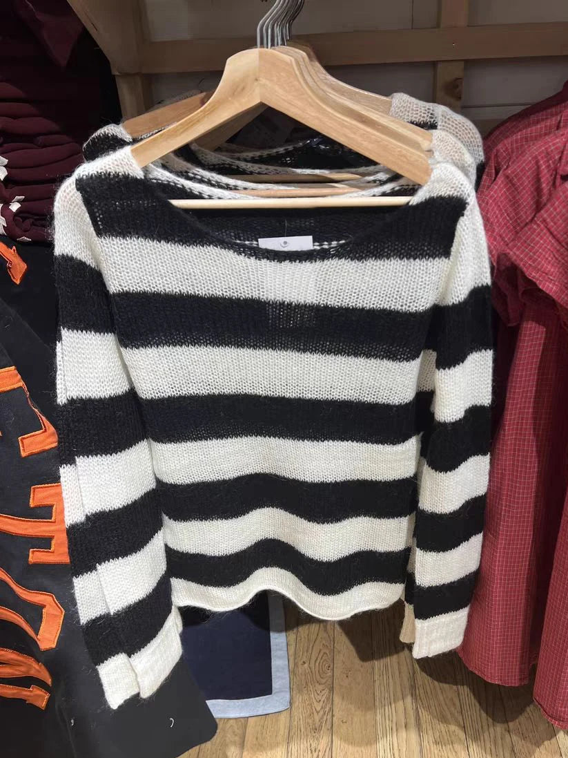 New Striped Knitted Long Sleeve Woman Scoop Neck Cotton Thin Smock Autumn Casual Vintage Streetwear Tee Shirts Y2k Tops Clothes