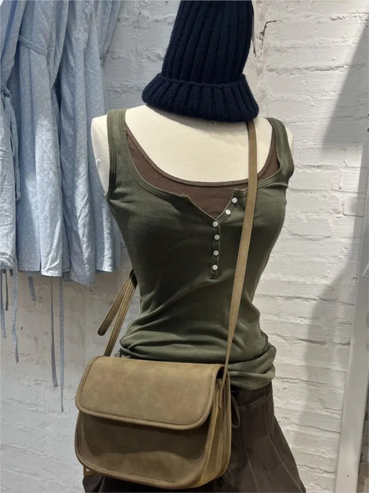 Six Buttons Army Green Slim Tank Top Woman Summer  Y2KStreetwear U Collar Sleeveless Cotton Vest American Vintage Basic Tops New