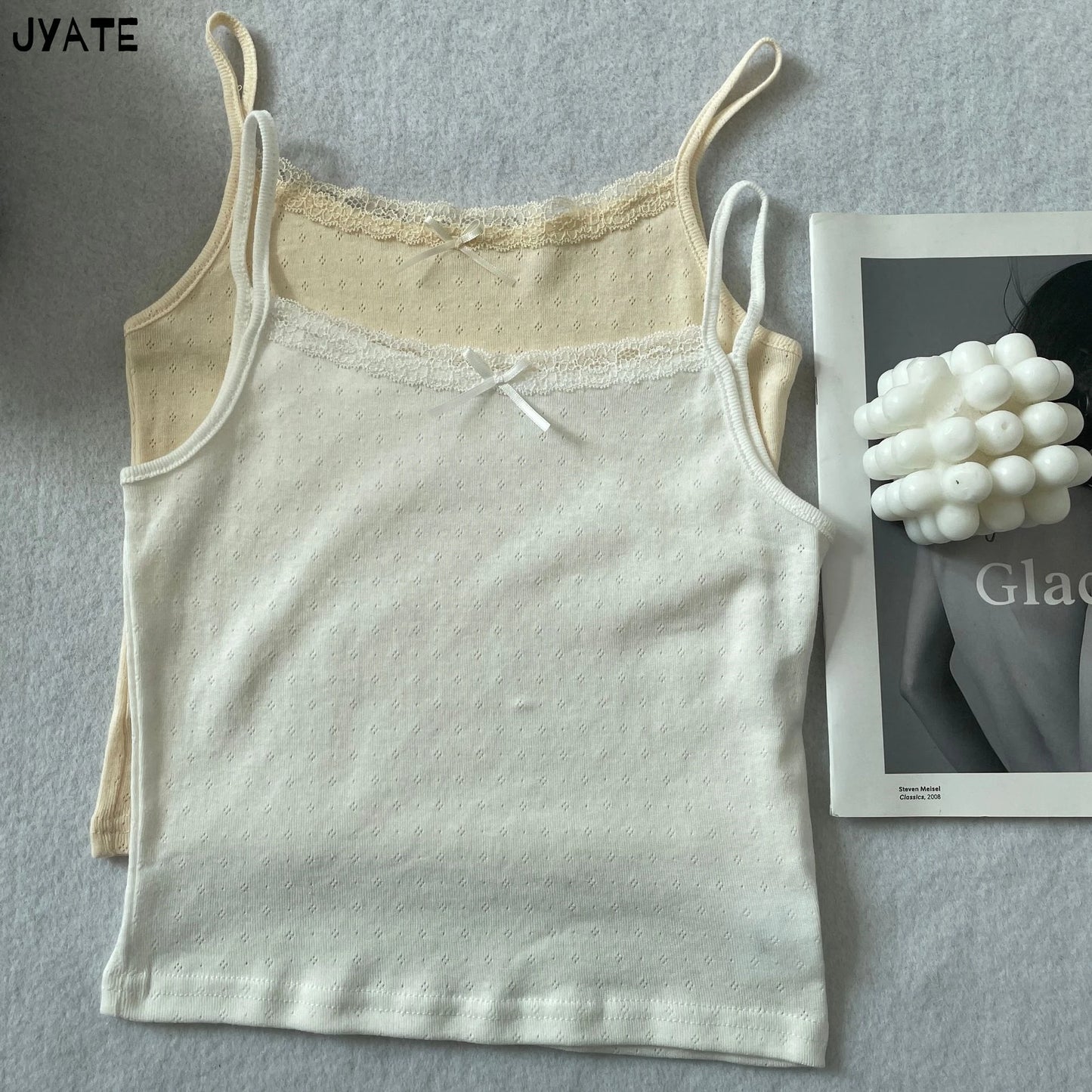Hollow Out Lace Trim Camisole Women Summer New Cotton Soft Slim Bow Solid Sleeveless Vests Sweet Cute Preppy Style Tank Tops Y2K
