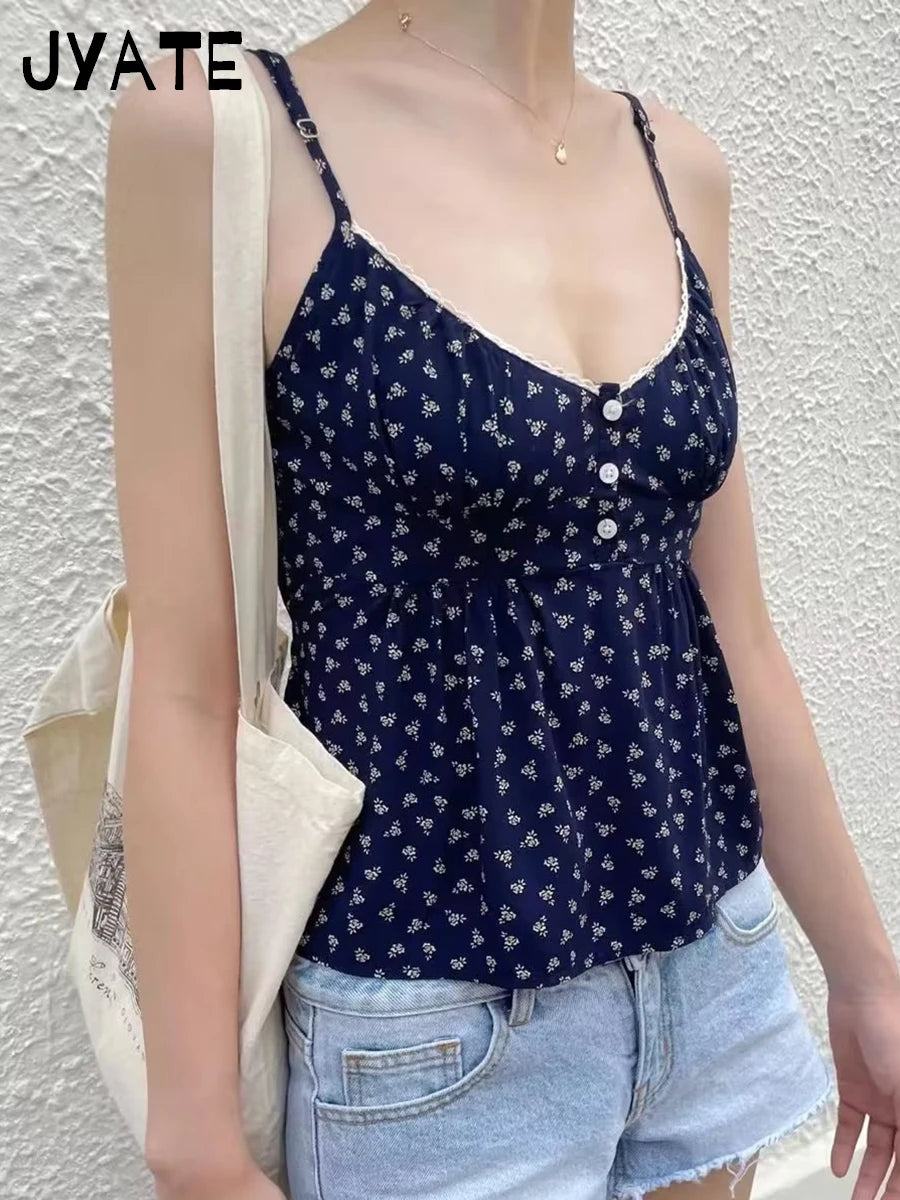 Retro White Lace Trim Blue Plaid Tank Tops Women New Buttons Back Lace-up Sleeveless Vests Vintage Chic Sweet Blouse Camis Y2K