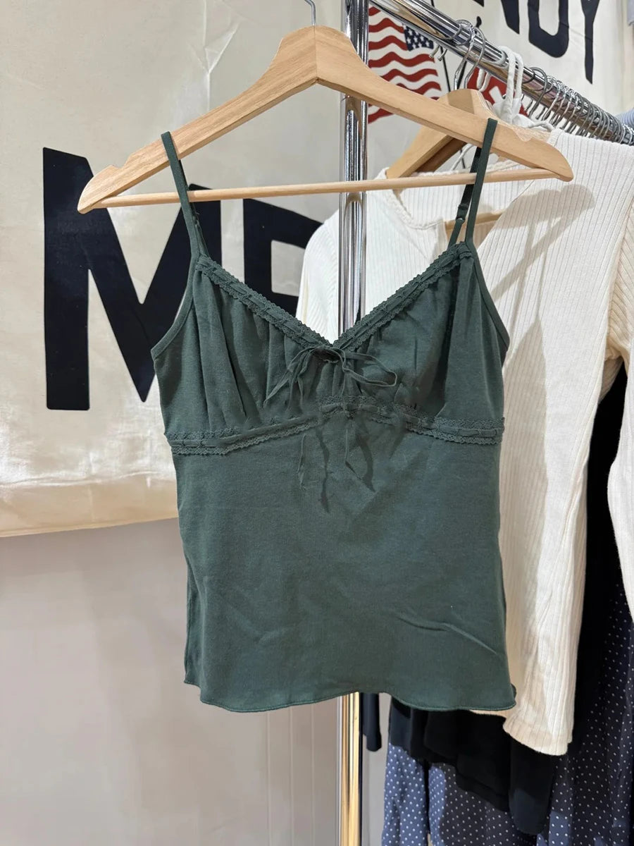 Vintage Solid Folds V-neck Tank Tops Women Summer Casual Slim Lace-up Sleeveless Vests Cute Preppy Style Simple Camisole Y2K