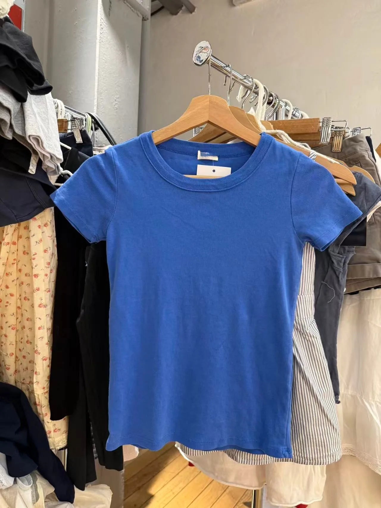 Vintage Electric Blue O-neck T-shirts Women CasualStreetwear  Slim Cotton Short Sleeve Tees Sweet Simple All-match Tshirts Y2K