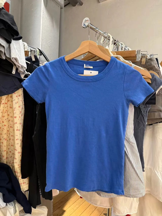 Vintage Electric Blue O-neck T-shirts Women CasualStreetwear  Slim Cotton Short Sleeve Tees Sweet Simple All-match Tshirts Y2K