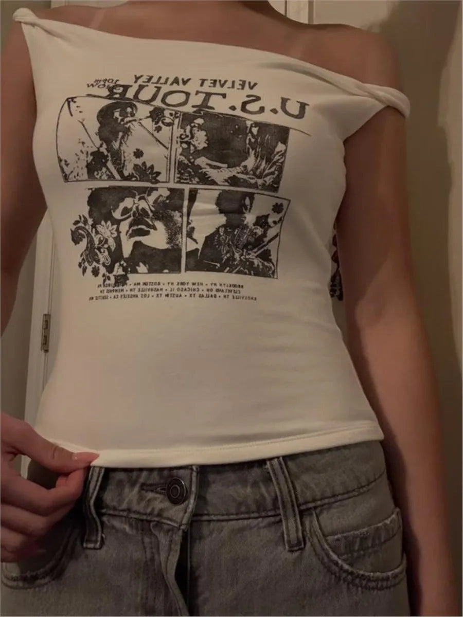 Harajuku Guitar Print Slim T-shirts Women Summer Roll Hem Sexy Slash Neck Cotton Tee Tops Vintage Streetwear Y2K Crop Tops New