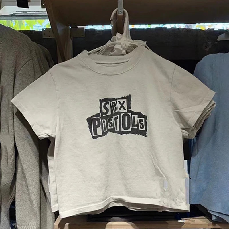 Vintage Letter Graphic Crop Top Women Summer Casual Round Neck Short Sleeve Short T-shirt Female Retro Classic Cotton Tops Chic