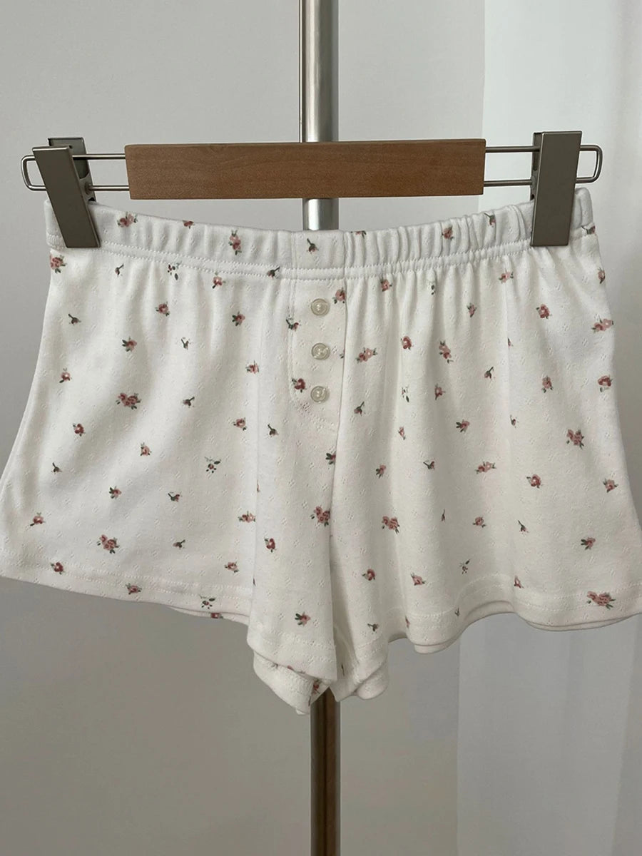 Sweet Eyelet Floral Print Short Pants Women Three Buttons High Waist Straight Home Cozy Underwear Casual Cute Cotton Shorts Y2K