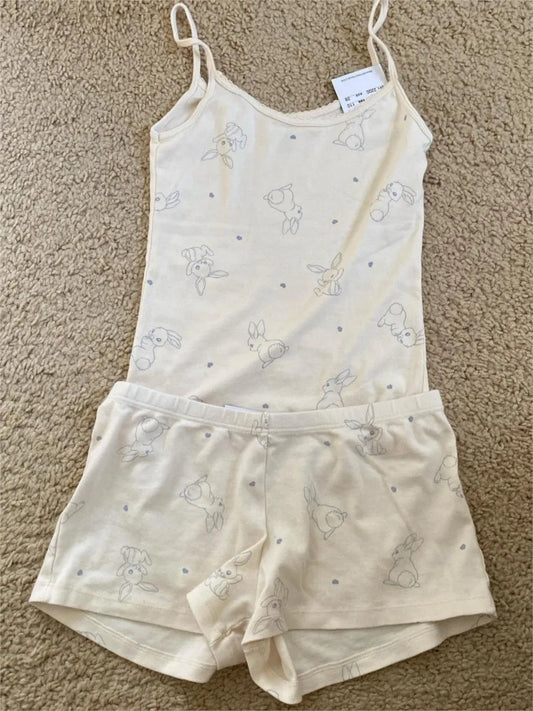 Rabbit Cotton Beige Tank Shorts Sets Woman Eyelet Slim Camisole+Elastic Waist Straight Sweatshorts Sweet Home 2 Piece Outfit New
