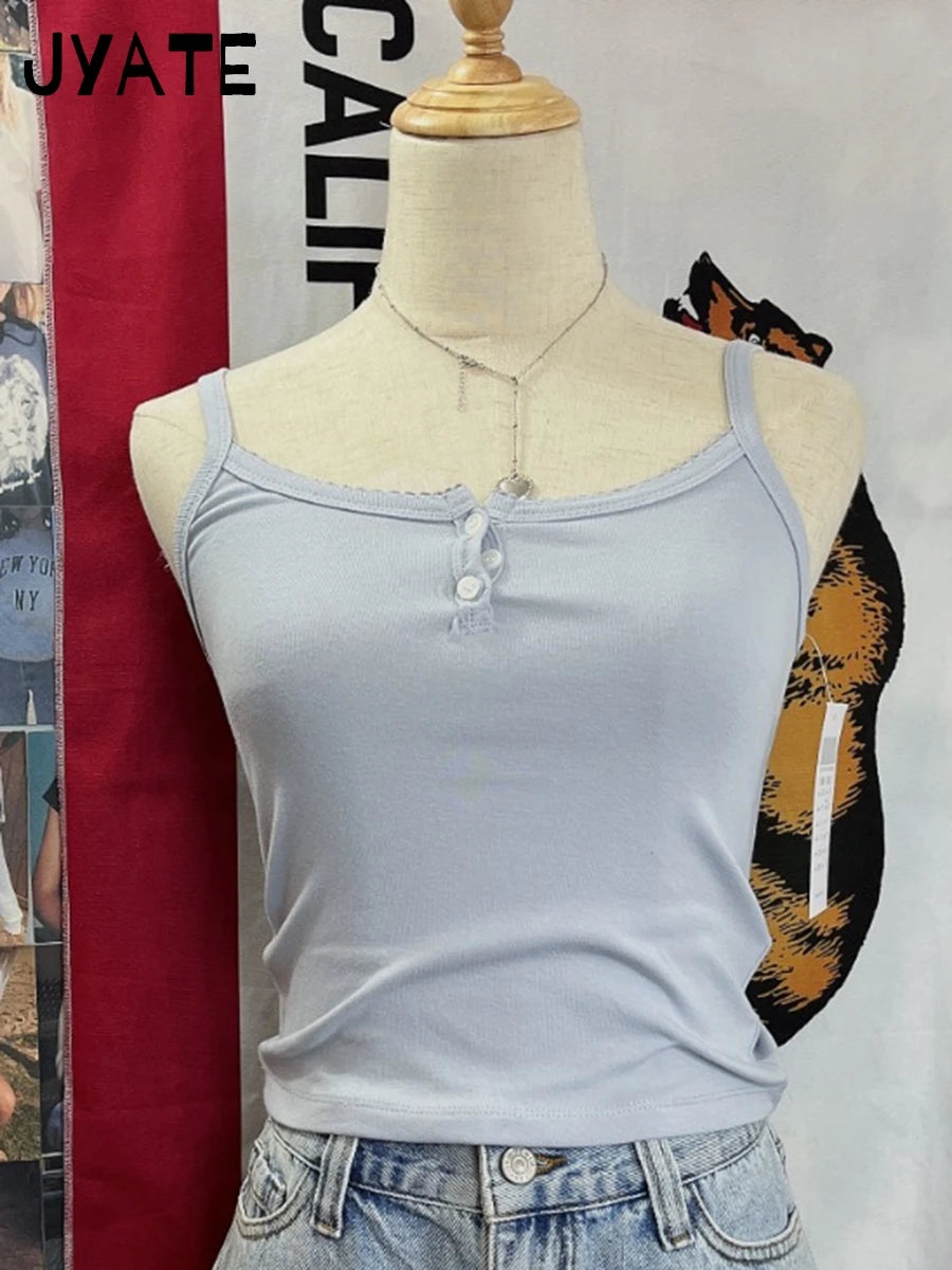 Blue Buttons U-neck Sleeveless Vests Women Summer Cotton Soft Slim Streetwear Casual Tank Tops Femme Sweet Cute Basic Camisole