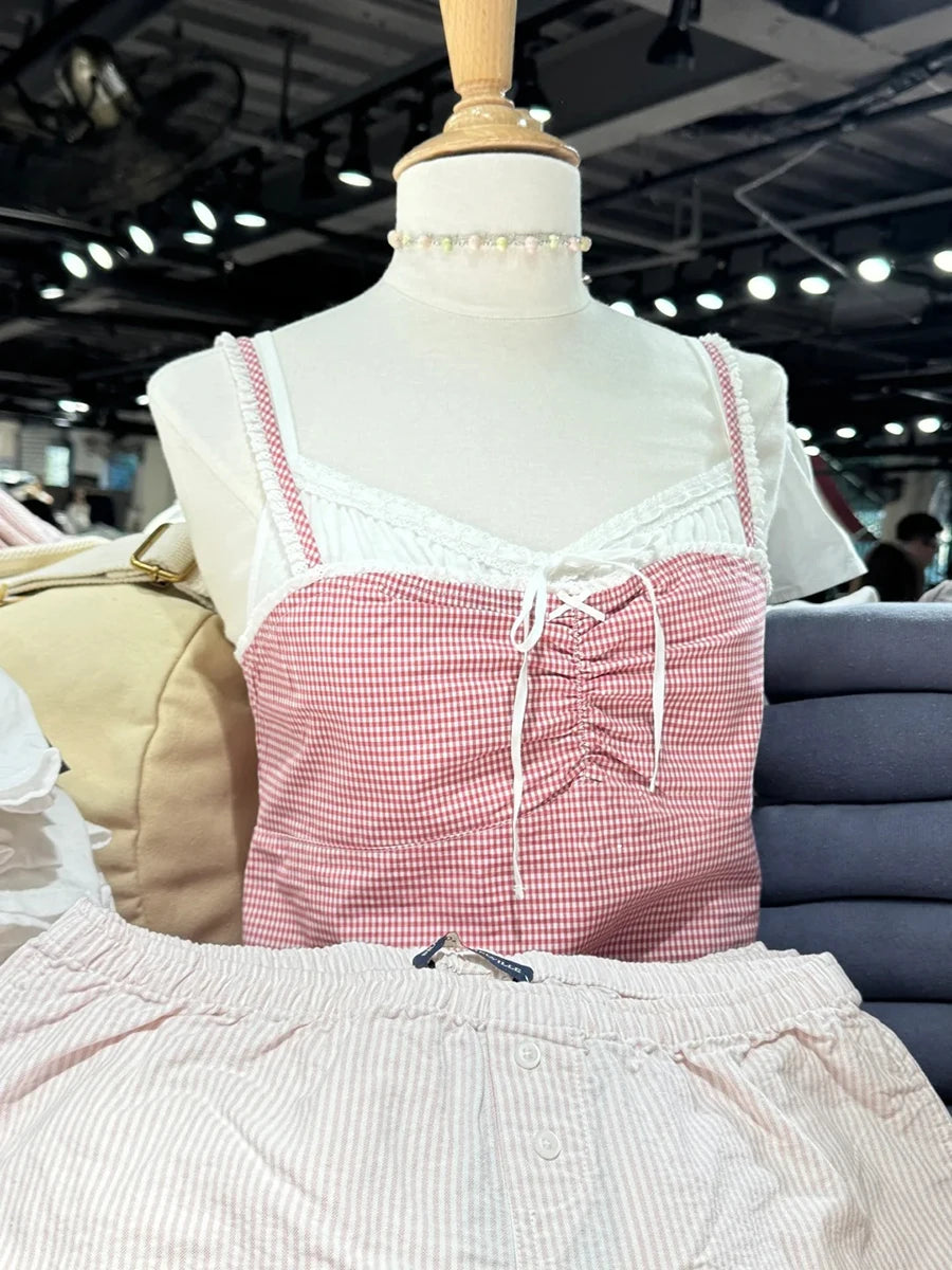 Pink Plaid Lace Trim Slim Tank Tops Woman Summer Cute Bow Folds Strapless Camisole Female Casual Vintage Sweet Vest Y2K Top New