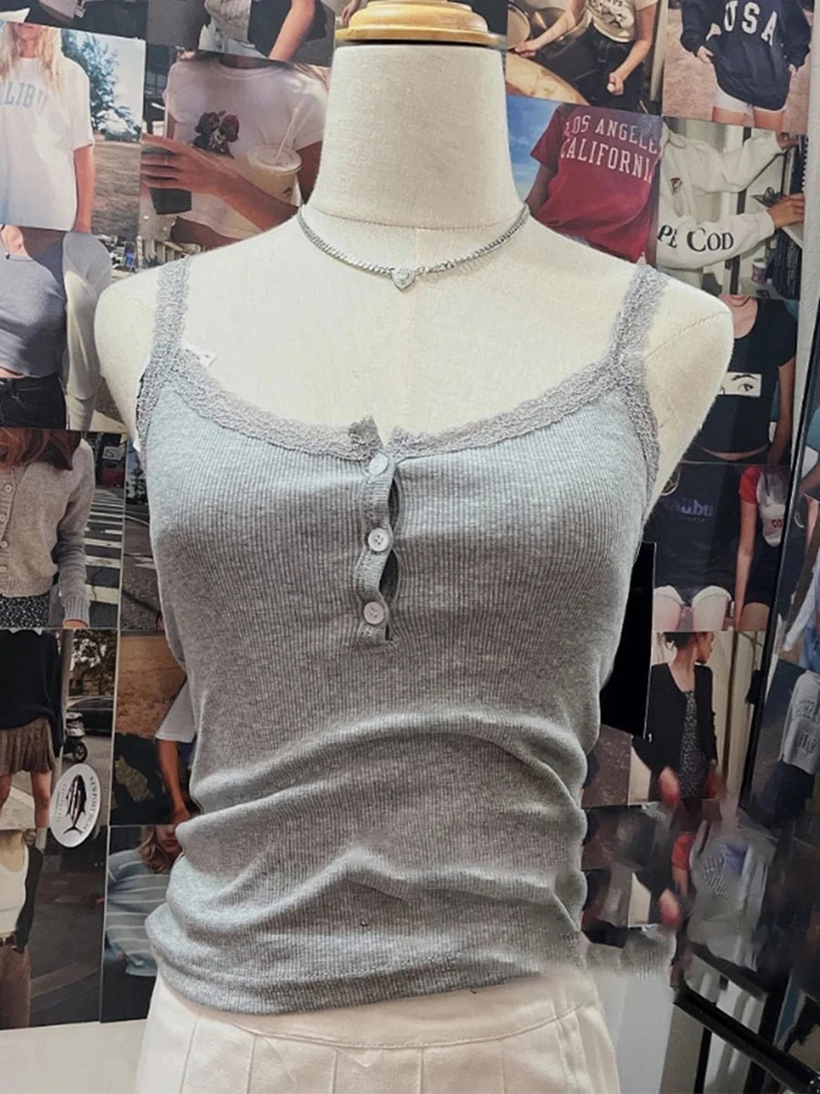 Harajuku Rose Red Lace Trim Sleeveless Vest Women New Cotton RIbbed Buttons Slim Cropped Tank Tops Sweet Chic Basic Camisole Y2K