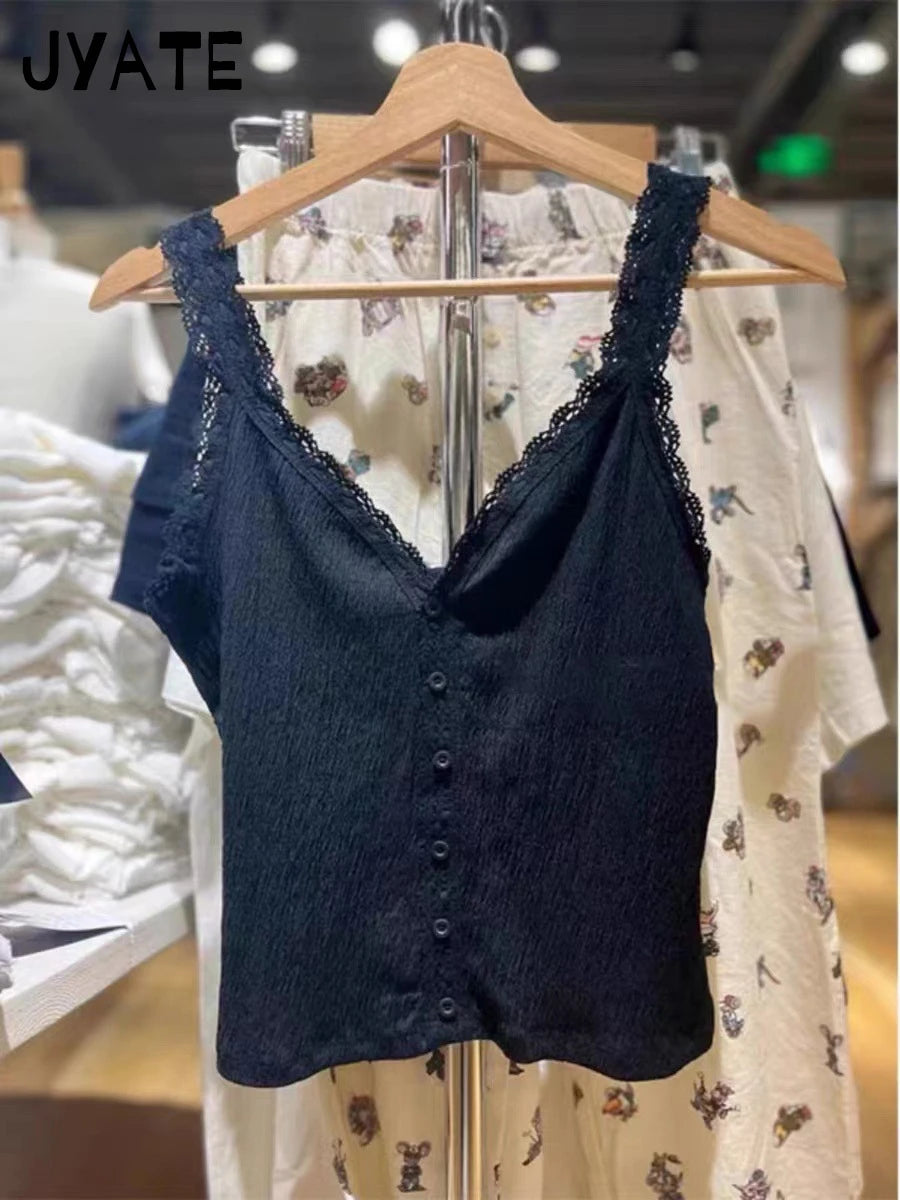 Black Slim V-neck Tank Tops Women Summer Casual Cotton Single Breasted Sleeveless Vests Female Vintage Sweet Y2K Camis
