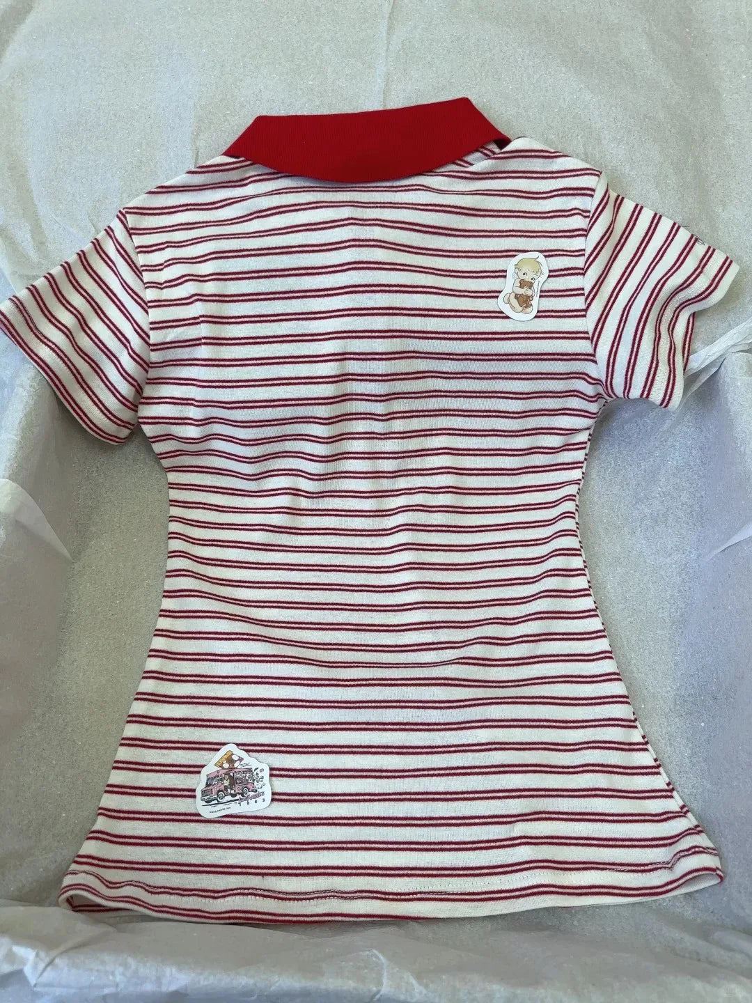 Sweet Red Striped Polo T-shirt Women Summer Casual Simple Cotton Turn Down Collar Short Sleeve Tees Preppy Style T Shirt Clothes