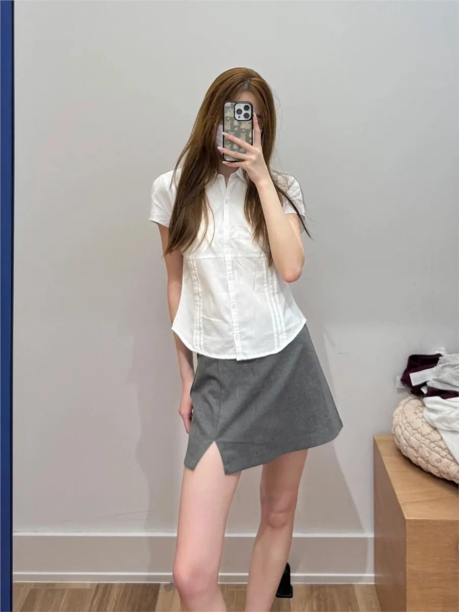 Lace Trim White Blouse T-shirts Women Summer New Casual Single Breasted Short Sleeve Tees Sweet Preppy Style Cute Slim Tops Y2K