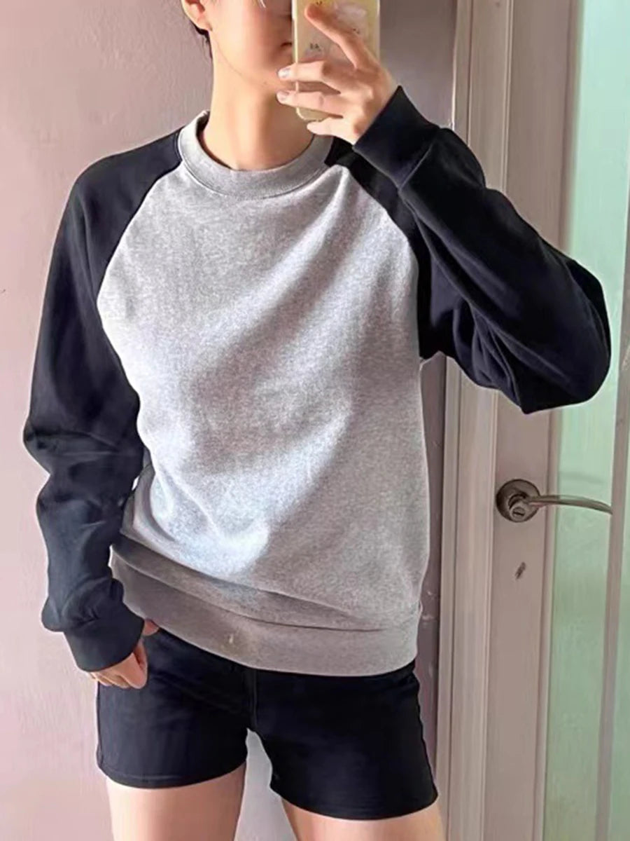Vintage White Patchwork O-neck Sweatshirts Women Autumn Cotton Casual Harajuku Streetwear Hoodies Simple Chic Pullovers Tops Y2K