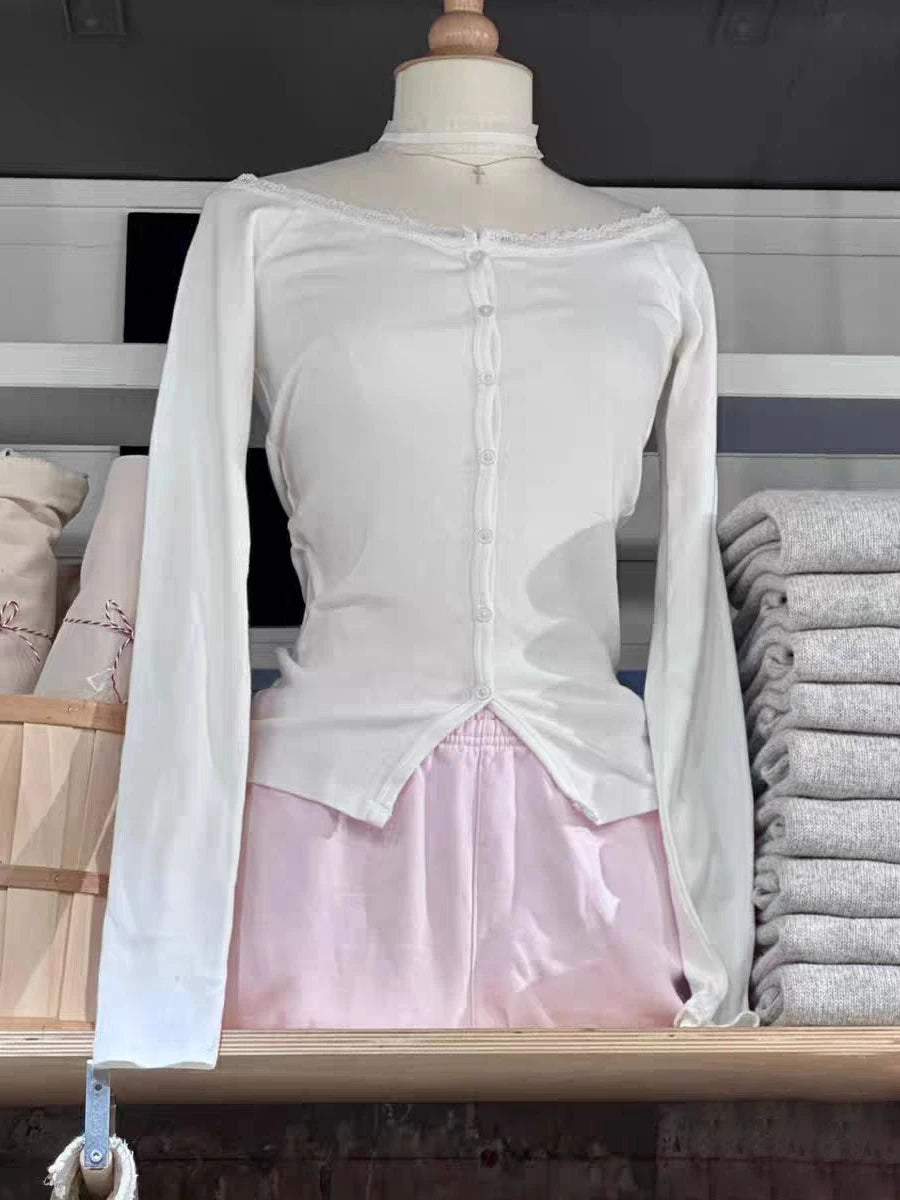 Hollow Out V-Neck White T-shirt Women New Simple Basic Single Breasted Cotton Slim Long Sleeve Tees Chic Sweet Tshirt Y2K Tops