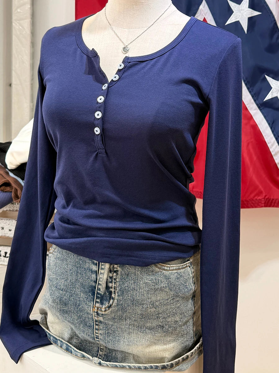 Navy Cotton Slim T-shirts Women Autumn New Cute Casual Six Button All-match Long Sleeve Tees Vintage Basic Simple Tshirt Y2K Top