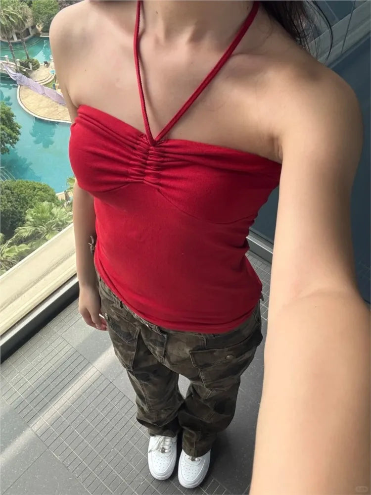 Red Drawstring Folds Strapless Tank Tops Women Casual Simple Cotton Slim All-match Vest Sweet Chic Preppy Style Camisole Y2K