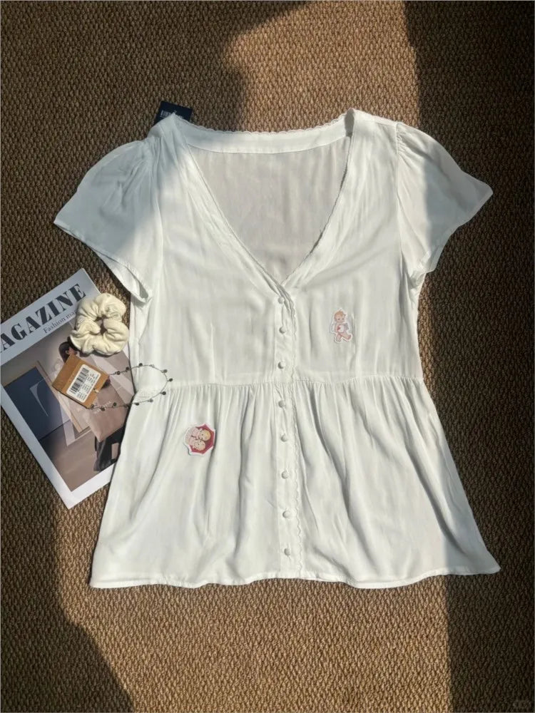 White Lace Trim Short Sleeve T-shirt Blouse Summer V-neck Single Breasted Thin Tees Solid Transparent Elegant Woman's Shirts