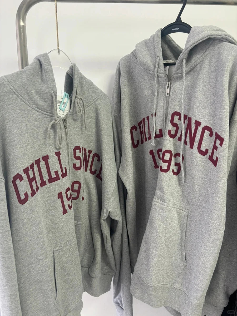 Letter Embroidered Zip-up Hoodies Woman Casual Simple Long Sleeve Oversized Hooded Cotton Sweatshirts Preppy Style Hoodies Tops