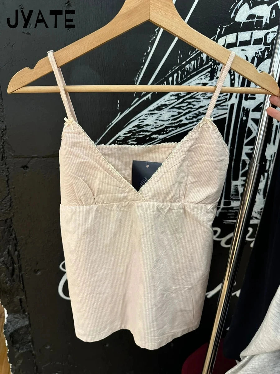 Sweet Pink Striped V-neck Bow Camis Women Summer New Cotton Casual Preppy Style Sleeveless Vests Vintage Chic Cute Tank Tops Y2K