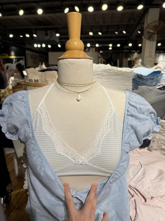 Blue Lace-up Ruffles Sleeve Tees Women Summer Simple Casual Flax Cotton U-neck Buttons Tops Preppy Style Sweet Cute T-shirts New