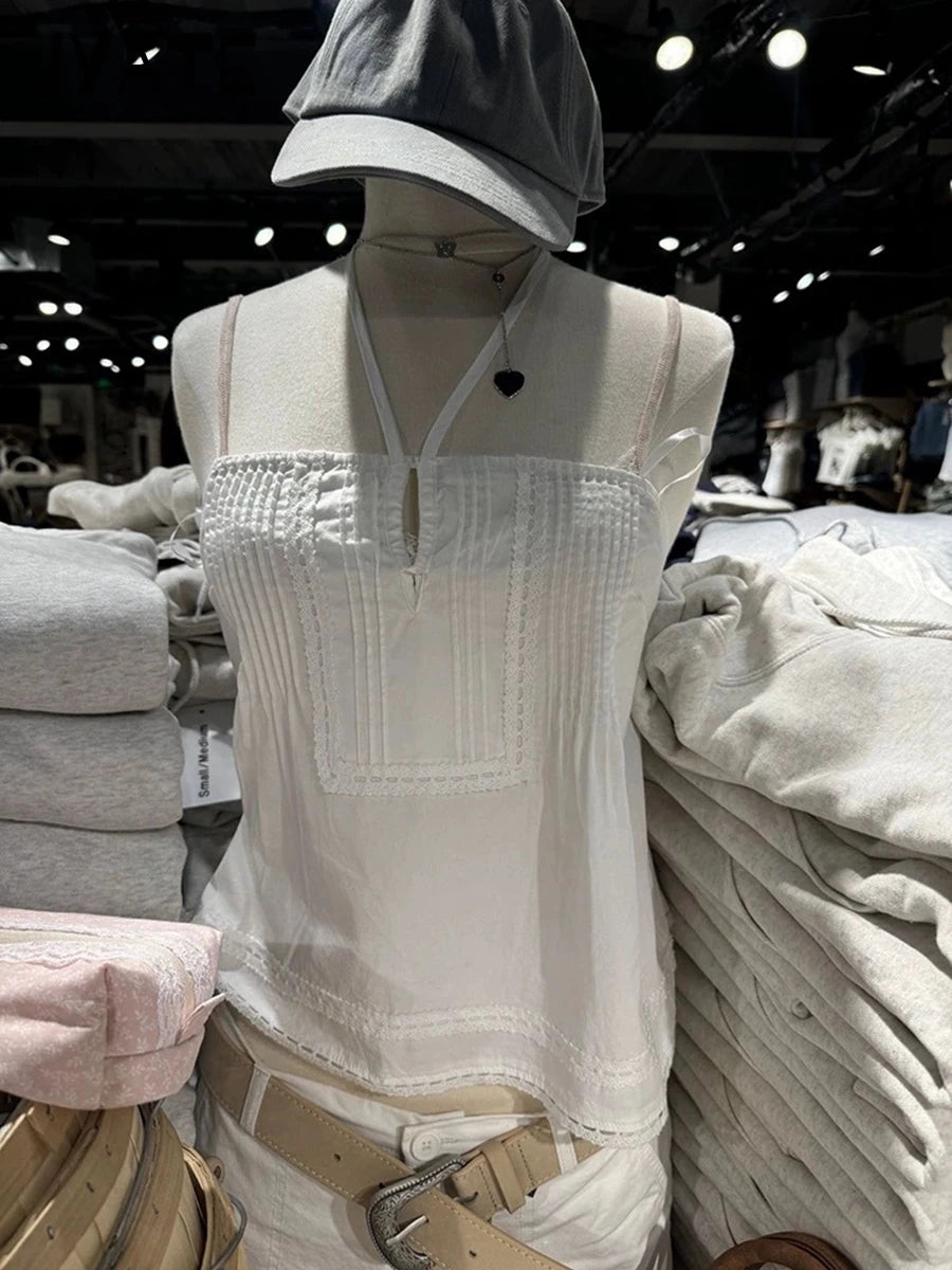 Cute White Square Neck Halter Strap Camisole Women Summer New Cotton Lace Trim Sleeveless Vests Sweet Vintage Chic Tank Tops Y2K