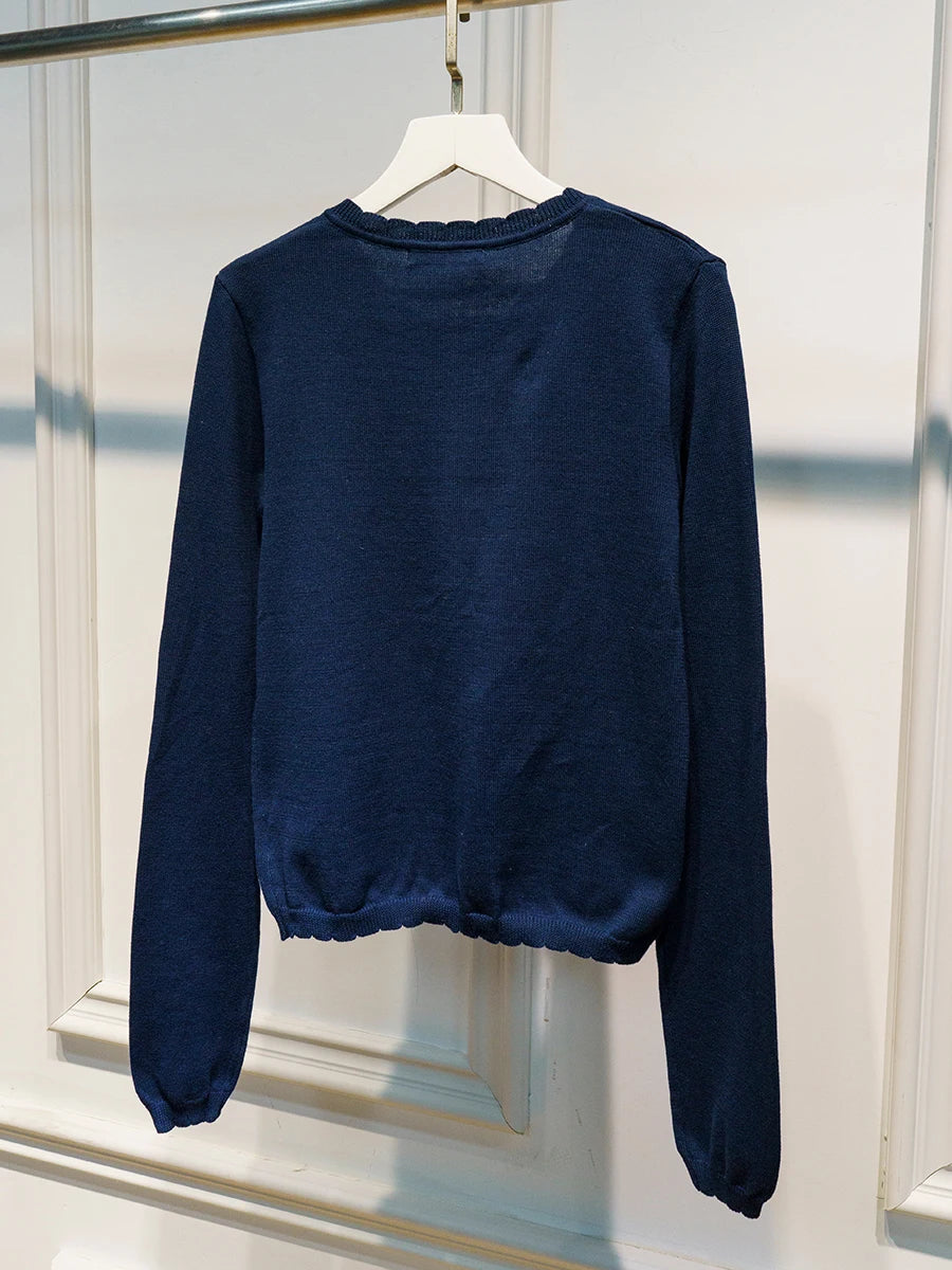 Navy Pocket Knit Sweater Coat Women Autumn Lace Trim Neck Button Casual Solid Jumper Tops Sweet Cute Preppy Style Cardigan New