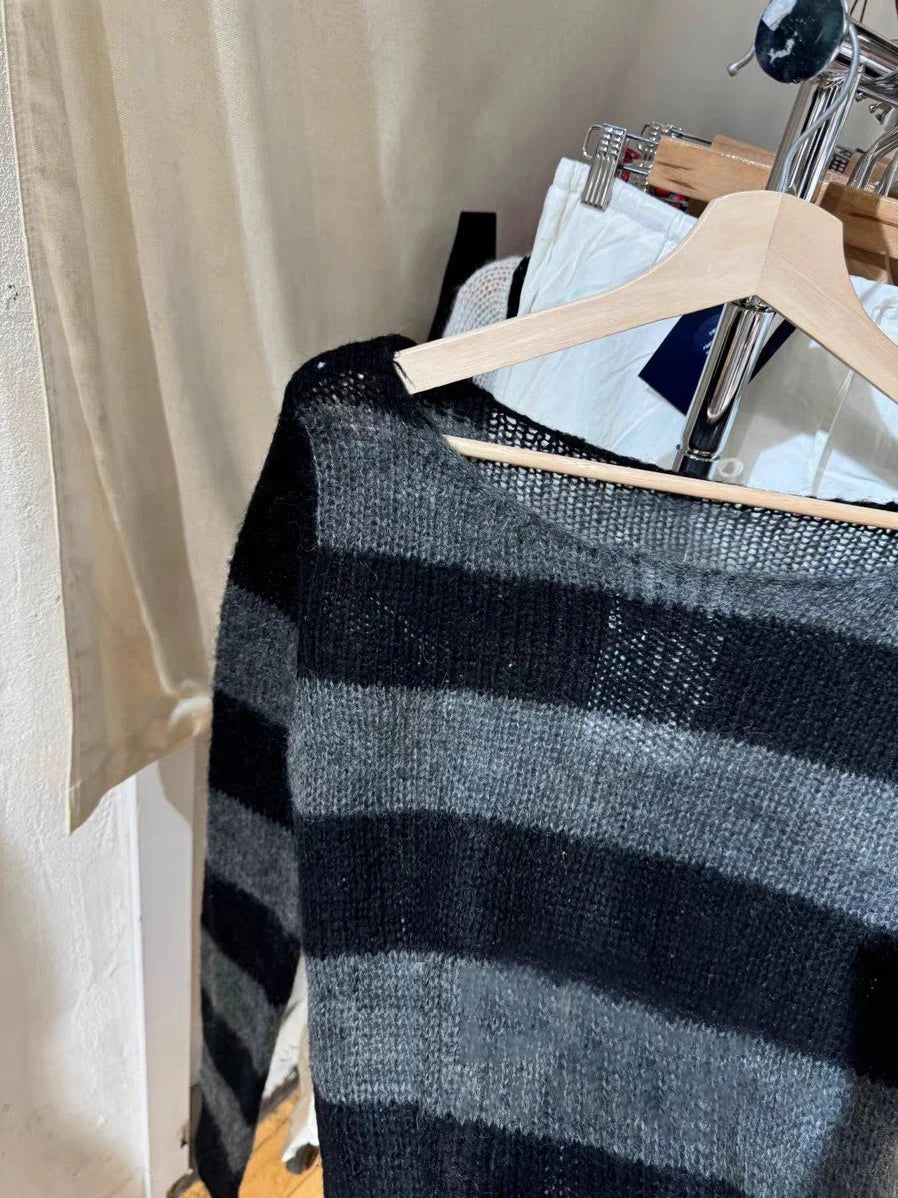 Retro Striped Knitted Long Sleeve T-Shirt Women Sweetwear Scoop Neck Cotton Thin Smock Autumn Vintage Sweet Tee Shirt Tops Y2K