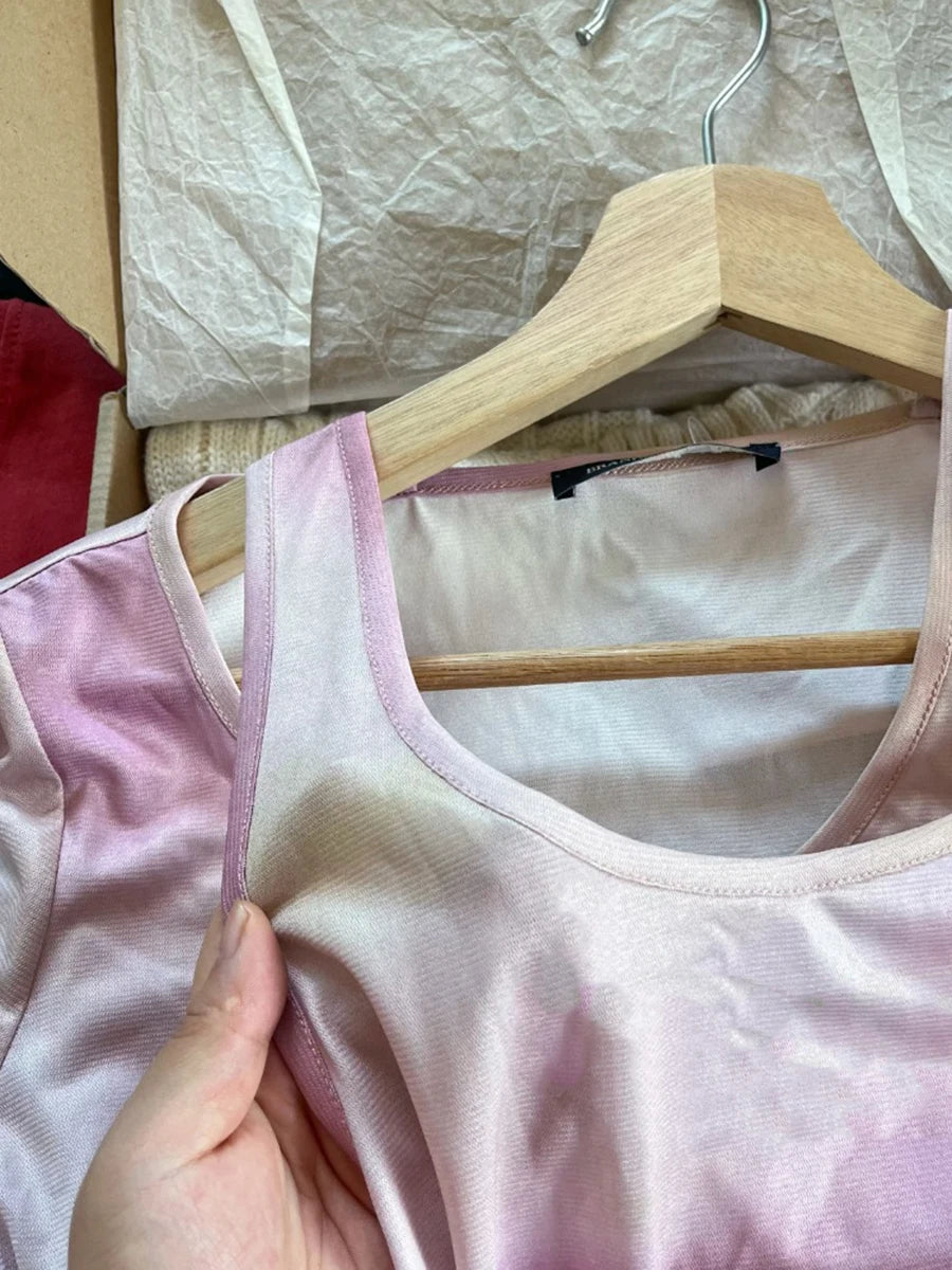 Sweet Pink Gradient Long Sleeve Tees Women New Casual Cotton Irregular Collar Tshirt Tops Cute Aesthetics Chic T-shirts Y2K Top