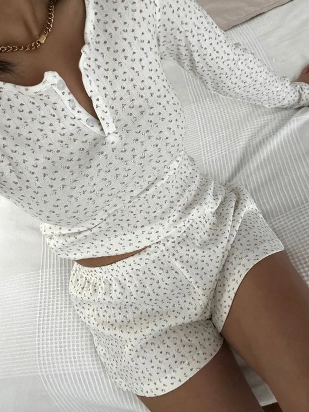 Sweet Eyelet Long Sleeve T-shirt Shorts Set Women Cotton Buttons Home Pajama 2 Piece Sets Slim Tees+Elastic Straight Sweatshort