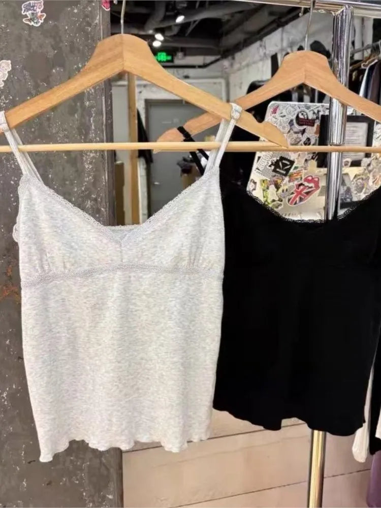 Lace Trim V-neck Camisole Women Summer Casual Slim Cotton Soft Cropped Sleeveless Vests Female Vintage Sweet Chic Tank Tops Y2K